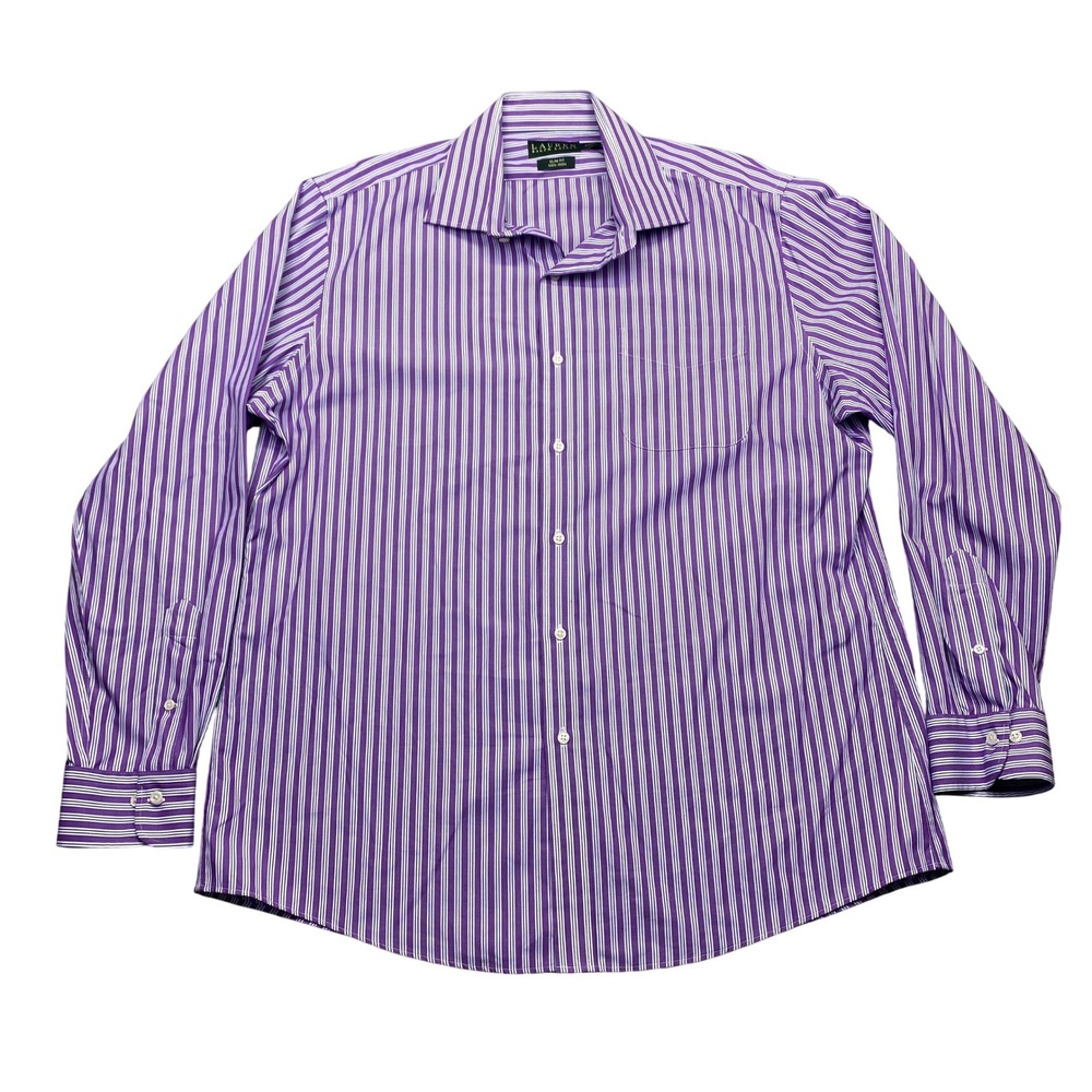 Lauren Ralph Lauren Mens Purple White Striped Slim Fit Non Iron Dress Shirt 17.5